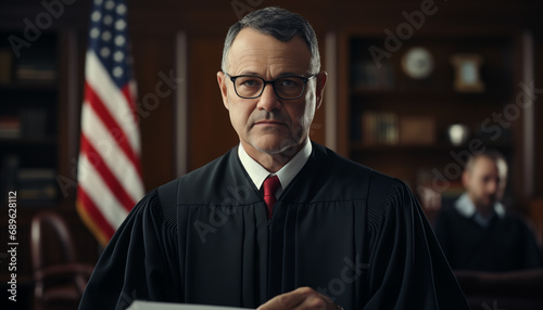 portrait of the American chief justice in the courtroom against the background of the American flag. sentencing of the defendant.
