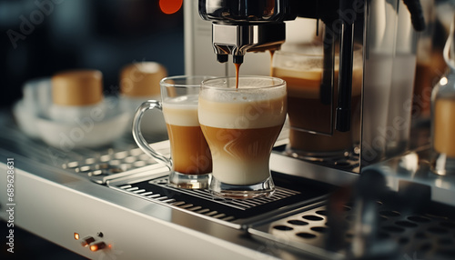 making coffee using a coffee machine. a glass of cappuccino on the background of a coffee machine.