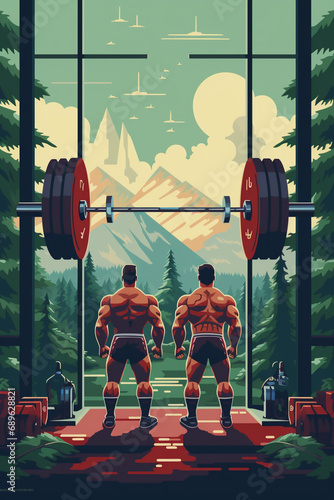 Illustration of weightlifters competing in a retro pixel art style, highlighting strength and determination.