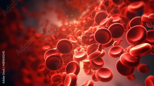 A detailed medical illustration depicting red blood cells flowing through artery with visible plaque buildup consisting of cholesterol, indicating atherosclerosis or potential cardiovascular disease