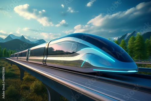 A concept design of a futuristic maglev train - utilizing magnetic levitation technology - representing the cutting-edge future of transportation and innovation.