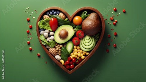 A vibrant photo showcasing a heartshaped bowl filled with nutritious diet foods, including fresh fruits, vegetables, and whole grains, promoting heart health and cardiovascular wellness.