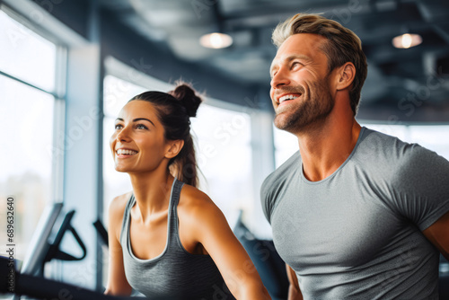 Caucasian woman and man working out in fitness, muscular, in shape. Jogging. Sweaty after workout in gym. Personal trainers, achievements and goals.