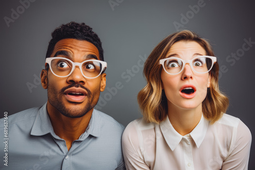Man and woman trying new glasses in the optics, mixed race. Choosing new glasses. Couples in optics store, shopping for glasses, mixed race.