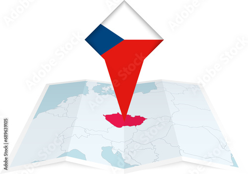 Czech Republic pin flag and map on a folded map