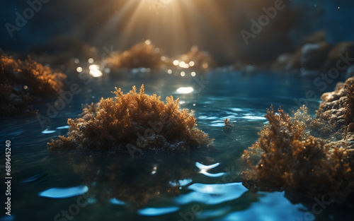 Photograph of the sea water surface, with algues and sponges, blue sun light and defocused background