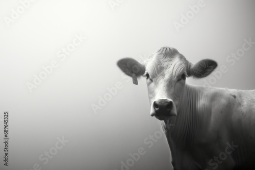The cow is staying on the field. Fog with hazy lighting. Monochromatic