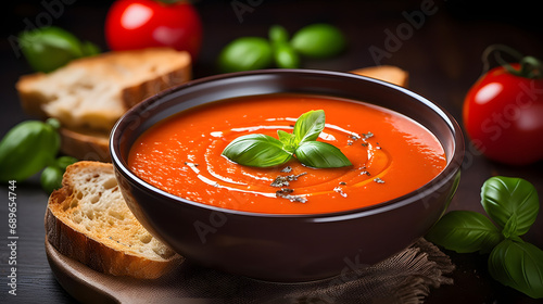 Classic tomato soup with fresh basil,photo for the restaurant menu, macro photo