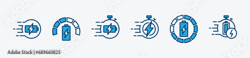 Charging icon set. Fast charger. Power energy charging speed. Battery charge, charger, recharge icons. Rechargeable battery and fast charging. Wireless charger. Vector illustration