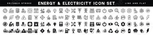 Green energy in thin line and flat icons. Electricity icon set. Power related icon. Icons for renewable energy, ecology, green technology. Vector illustration