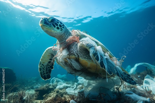 Underwater animal a turtle eating plastic bag, Water Environmental Pollution Problem 