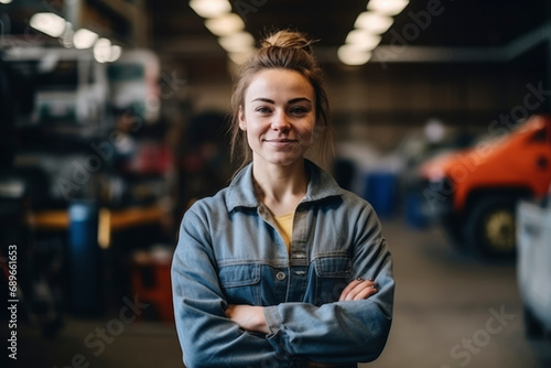 Girl auto mechanic looks at the camera, smiles, folds her arms on her chest. Auto repair shop bokeh background with cars and tools. Car repair service, woman mechanic