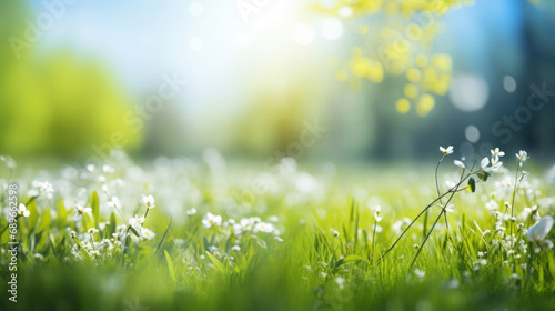Spring meadow with white flowers and bokeh. Nature background