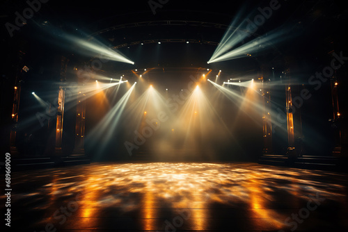 Empty concert stage in the light of spotlights. Performance. Generated by artificial intelligence