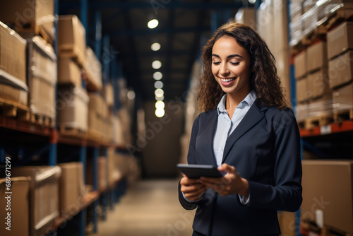 Female entrepreneur with tablet device searching for products for delivery in a warehouse.