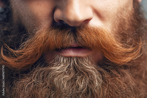 close up portrait of a persons mustache and beard in barbershop