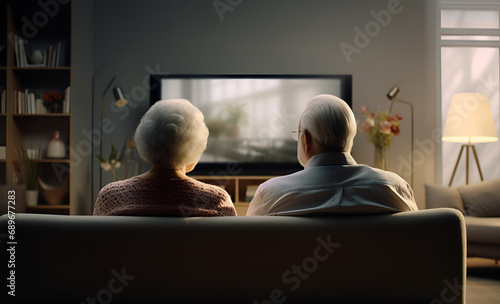 Rear view of senior old grey haired family couple watching television. Sit at coach, sofa. Elderly lovers man, mature woman. Marriage with commitment, relationship, pension with trust, care. True love