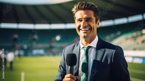 Football/soccer reporter on the field made with Ai generative technology, the person in this image is fictional