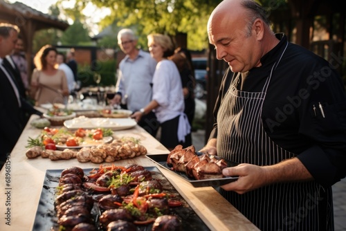 chef serving a platter of argentinian asado to guests
