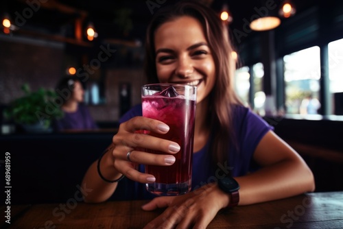 female celebrating with a glass of blackcurrant soda