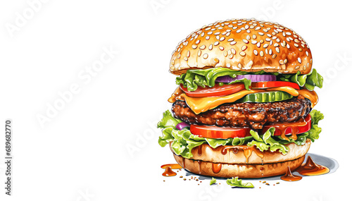 Watercolor Tasty Burger isolated on White Background with copy space