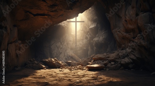 Cross inside a cave, sun rays, concept of Christianity and Easter holiday. Generative AI