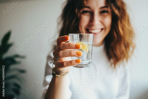 woman cheers with a glass of gin and tonic