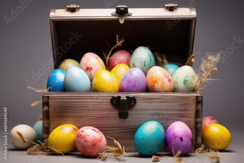 Illustration of chest full of easter eggs, easter holiday and culture concept. Generative AI