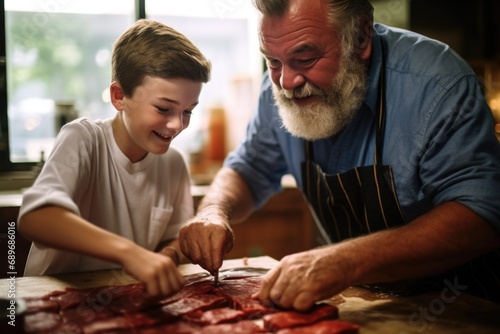 boy assisting his father in marinating steak
