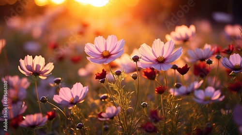 Wildflowers glowing and illuminated by the vibrant sunset light