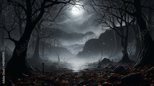 Amidst the misty trees, a glowing moon illuminates a mysterious forest where wild deer seek refuge in their ancient cave