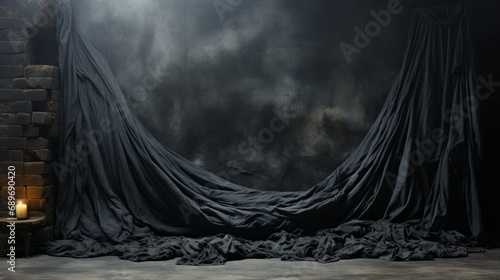 The ethereal fog enveloped the image, shrouding it in mystery as it rested on the dark ground beneath the draping black fabric