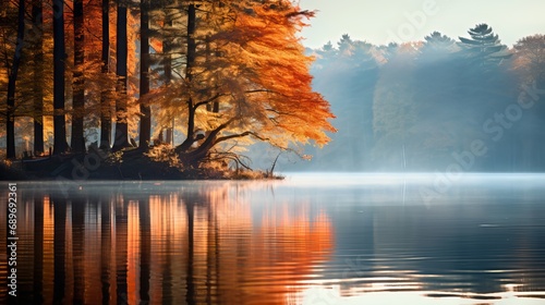 Reflections of an autumn forest in water create a serene scene.