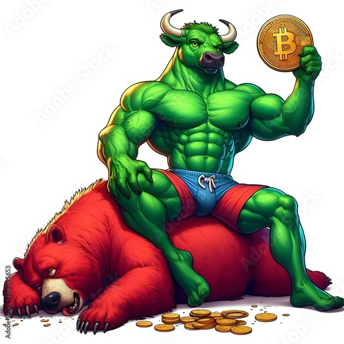 crypto strong bull run rally concept photorealistic image. crypto bull defeated crypto bear, crypto bull run rally, bitcoin rally.