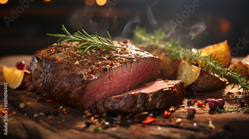 Closeup view of roasted beef brisket flat steak on a plate. Generative AI