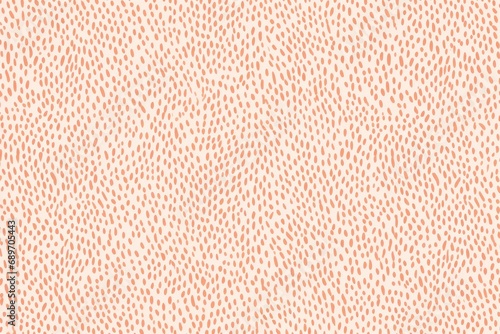 Contemporary orange polka dot pattern on white background. Irregular chaotic small circles. Peach fuzz - color of 2024 year. Modern exotic design for print paper, card, banner, wallpaper, textile, 