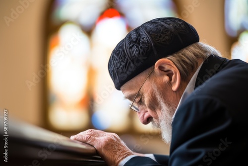 man wearing a kippah praying in a synagogue