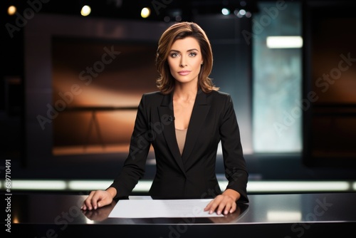 newscaster presenting news in front of camera
