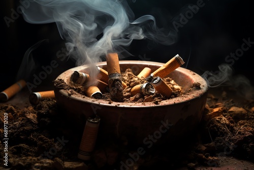 a ashtray with cigarettes and smoke