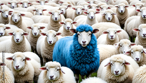 Un mouton bleu dans un troupeau de mouton blanc, concept être différent, penser différemment, sortir du lot, être original - IA générative