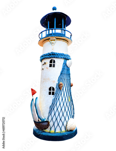 Blue and white lighthouse with decoration isolated on transparent background. Summer holiday vacation concept. PNG