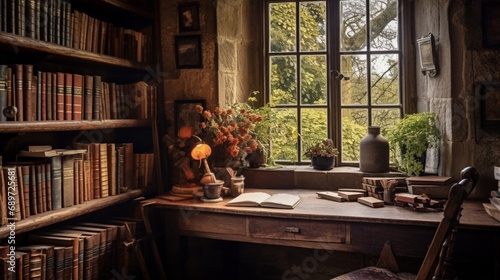 A rustic study nestled in the heart of a countryside cottage, the walls lined with shelves holding a curated collection of well-worn books. A handwritten journal rests open on an aged oak desk