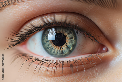 Nahaufnahme eines weiblichen Auges mit blaugrüner Iris und natürlichen Wimpern