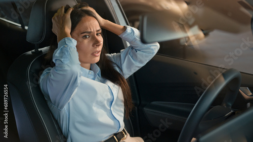 Frustrated stressed angry driver woman hit car steering wheel irritated angry Caucasian female worry traffic jam lateness business failure stress auto broken lost girl driving problem automobile crash