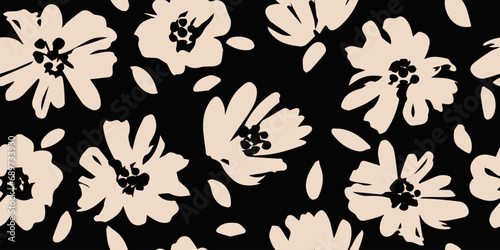 Flower seamless background. Minimalistic abstract floral pattern. Modern print in black and white background. Ideal for textile design, wallpaper, covers, cards, invitations and posters.