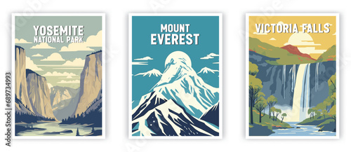 Yosemite, Mount Everest, Victoria Falls Illustration Art. Travel Poster Wall Art. Minimalist Vector art.