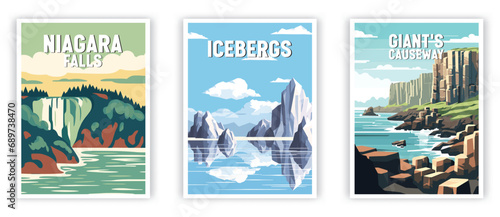 Nigara Falls, Icebergs, Giant's Causeway Illustration Art. Travel Poster Wall Art. Minimalist Vector art.