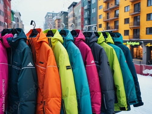 Stylish Ski Jackets in the Winter Cityscape. AI Generated.