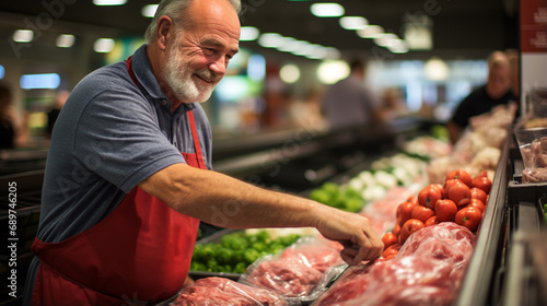  Older man working in a greengrocer and butcher shop. Elderly employee working happy in a supermarket. Job. Grocery store worker dressed in apron. Background with copy space.