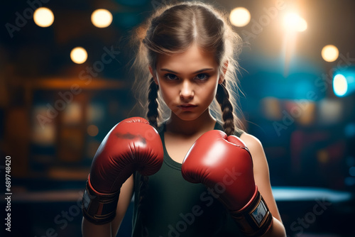 Young girl wearing boxing gloves in boxing ring.